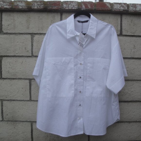 Zara Women's Top Lagenlook White Short Sleeve Cotton Med NEW 2 front pockets - Picture 5 of 7